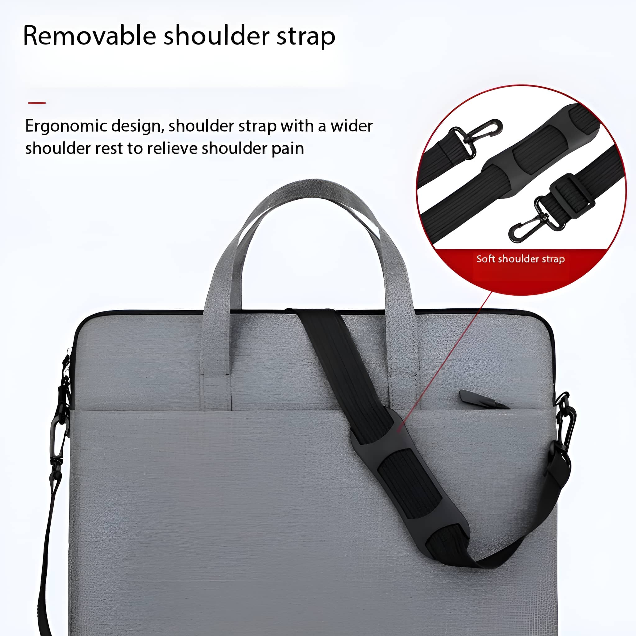 Graue Laptoptasche mit schwarzem Schultergurt. Der Gurt hat eine Schulterstütze für Komfort.