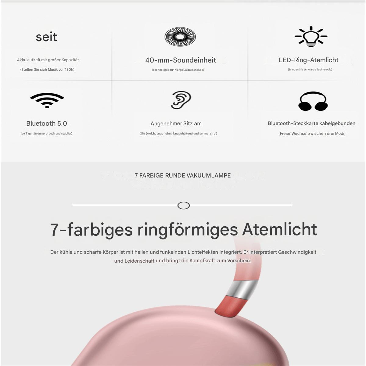 Ein Diagramm, das die Funktionen eines Ohrhörers zeigt. Text und Symbole werden verwendet. Zu den Funktionen gehören Akkulaufzeit und Bluetooth.