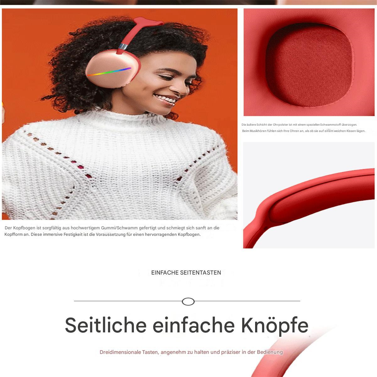 Frau mit roten Kopfhörern. Nahaufnahme von Kopfhörern und Knöpfen. Text: Seitliche einfache Knöpfe.