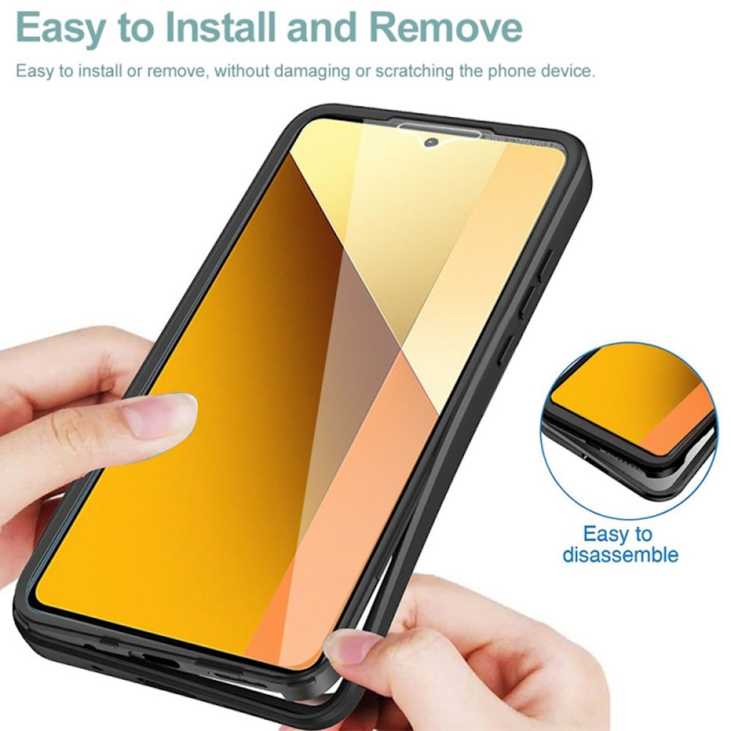 Eine Handyhülle wird installiert. Das Telefon ist in der Hülle. Einfach zu installieren und zu entfernen.