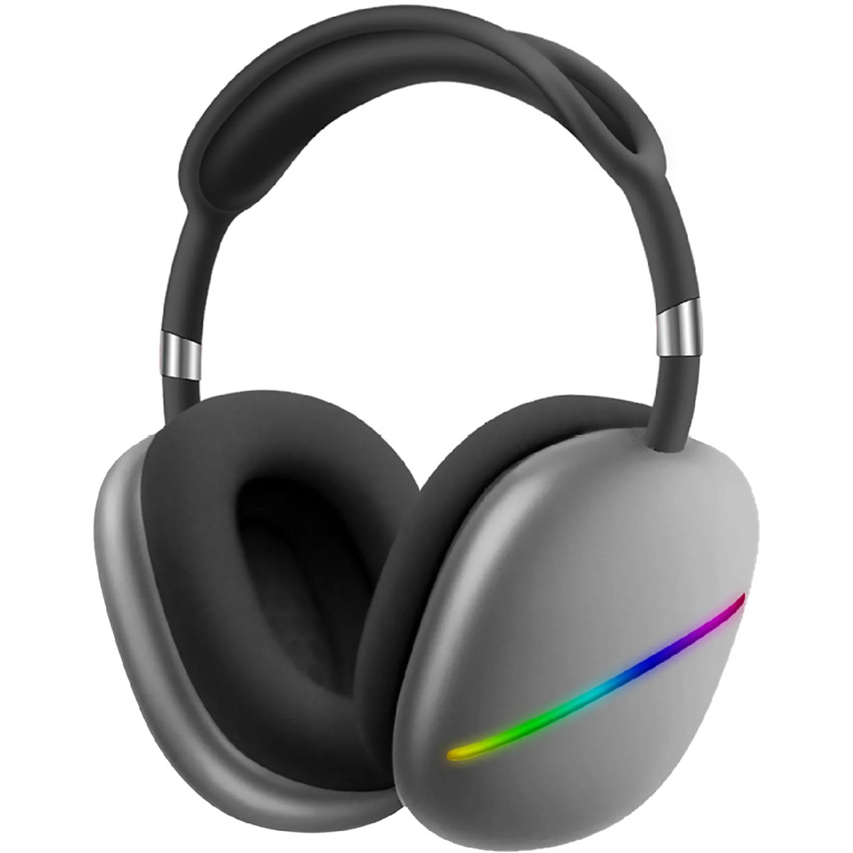 Graue Kopfhörer mit einem Regenbogen-Lichtbalken. Weißer Hintergrund.