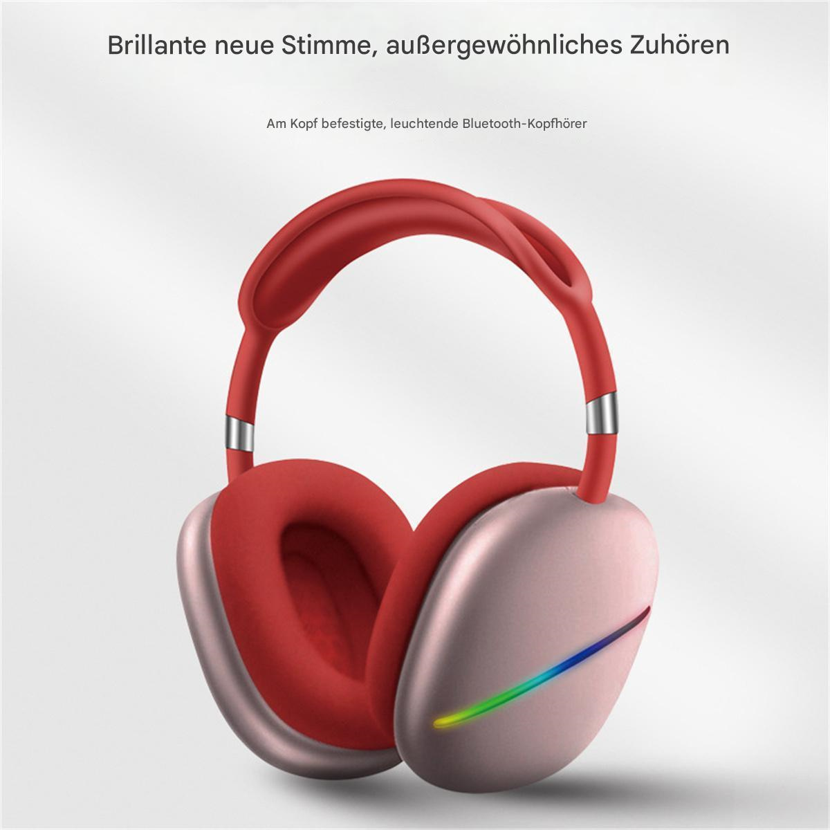 Rote und rosa Kopfhörer mit modernem Design. Sie haben einen Lichtstreifen am Ohrhörer.