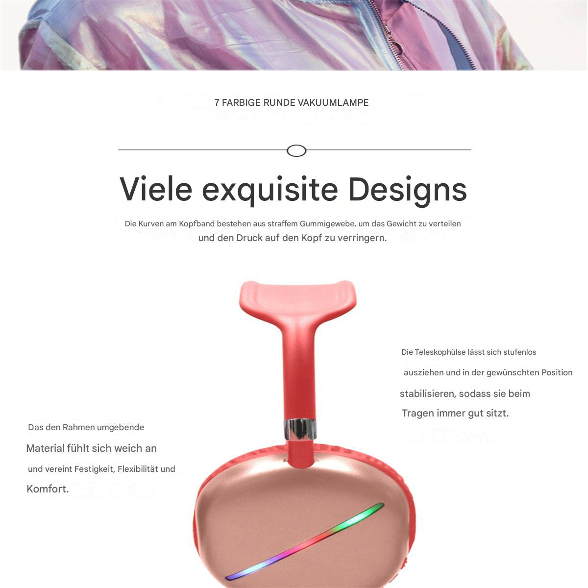 Rote Kopfhörer auf pinkem Hintergrund, mit Text, der die Designmerkmale beschreibt. Das Design ist stilvoll.