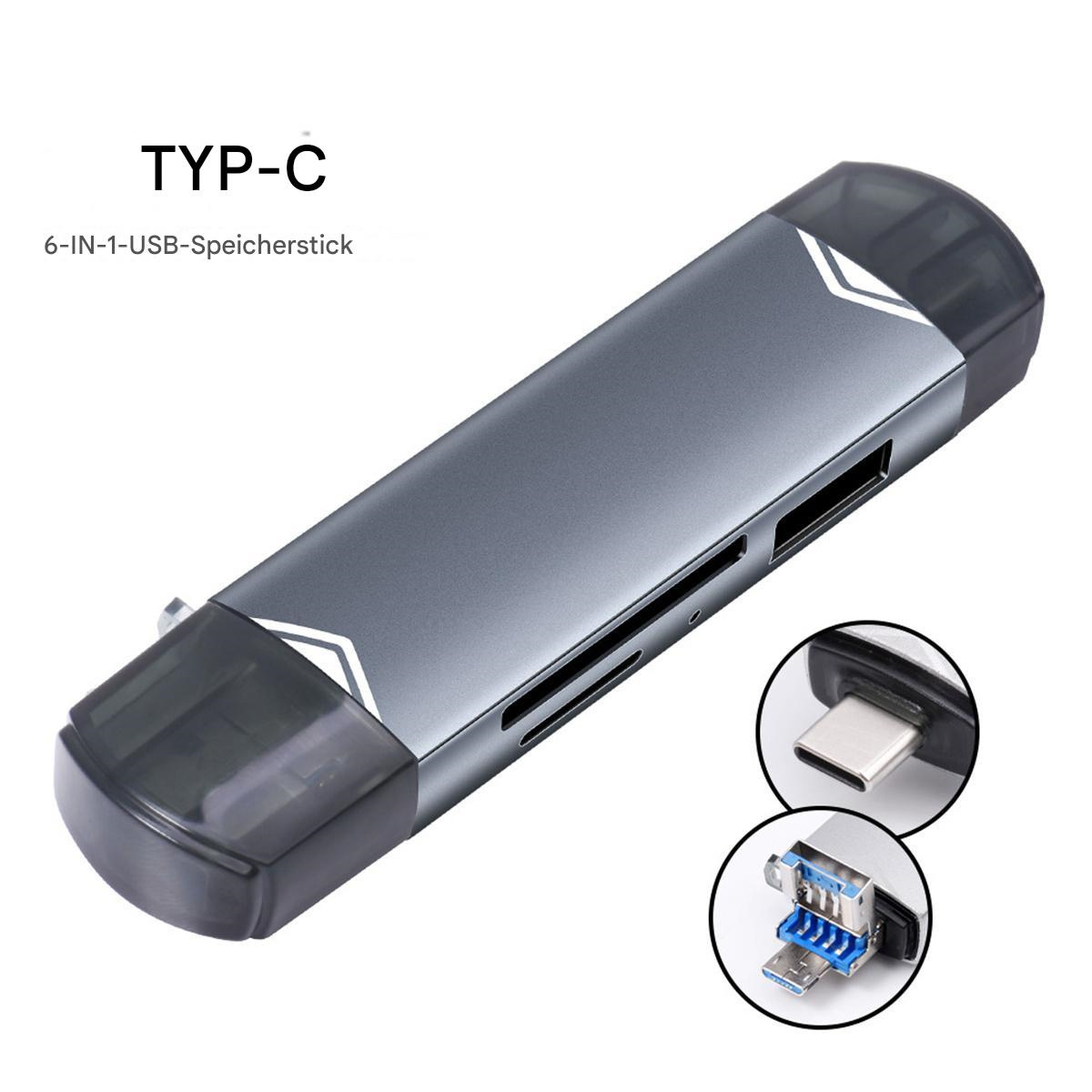 Ein grauer 6-in-1 USB-Stick mit einem USB-C-Anschluss und zusätzlichen USB- und Kartenleser-Anschlüssen.