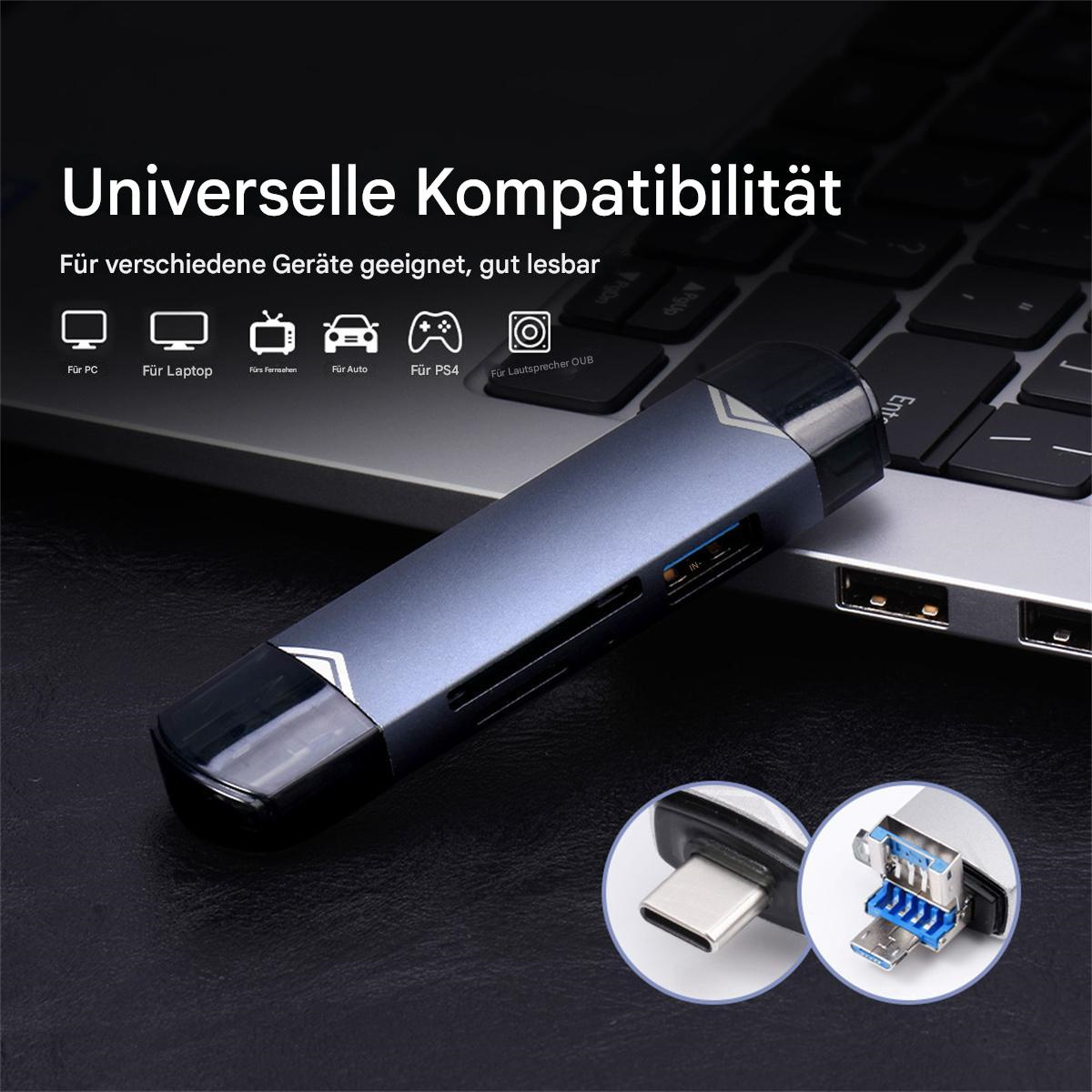 Ein blau-grauer USB-C-Hub mit verschiedenen Anschlüssen und Steckern.