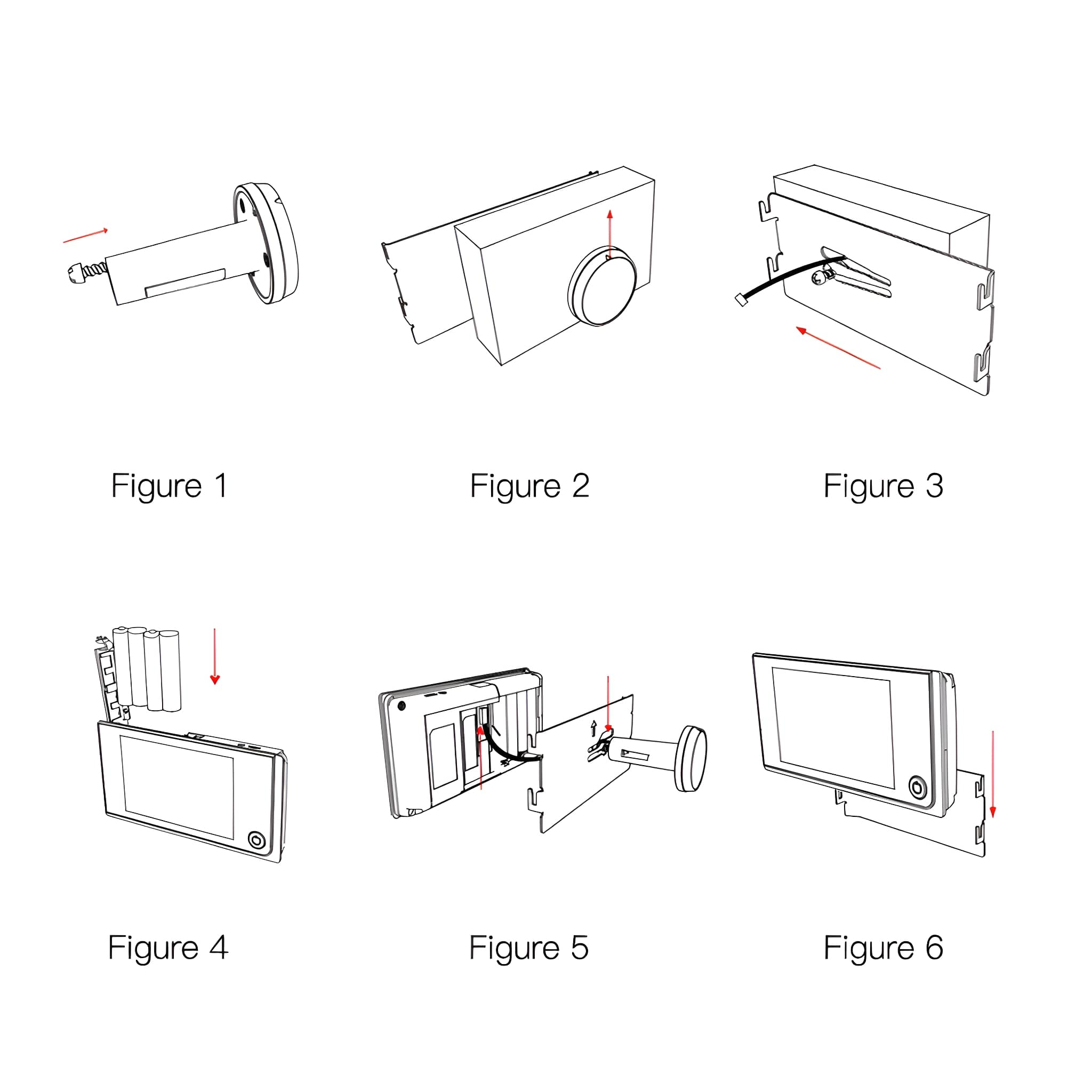 Sechs Diagramme, die die Montage eines Geräts zeigen, jedes mit Pfeilen, die Schritte anzeigen.