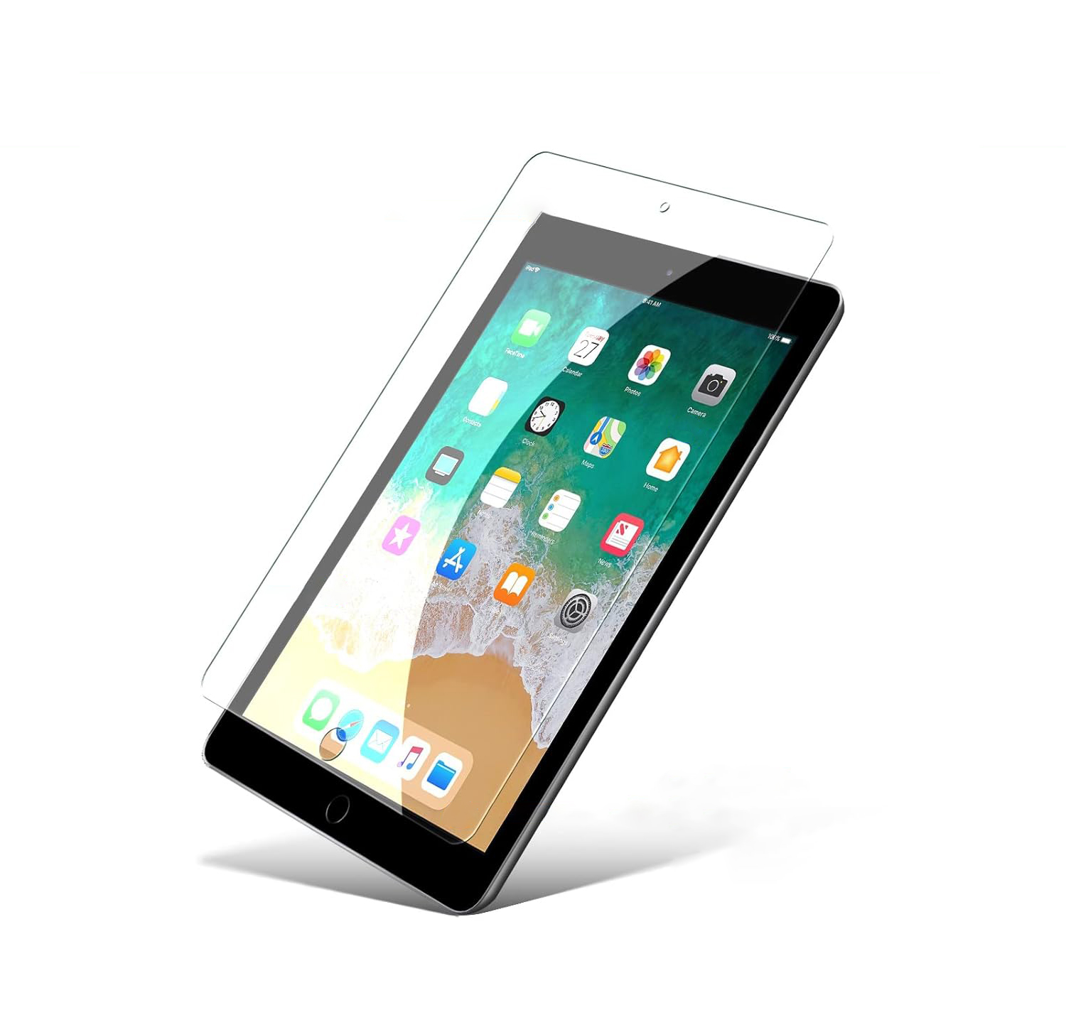 iPad con protector de pantalla. Fondo blanco. El iPad es negro, con un protector transparente en la pantalla.