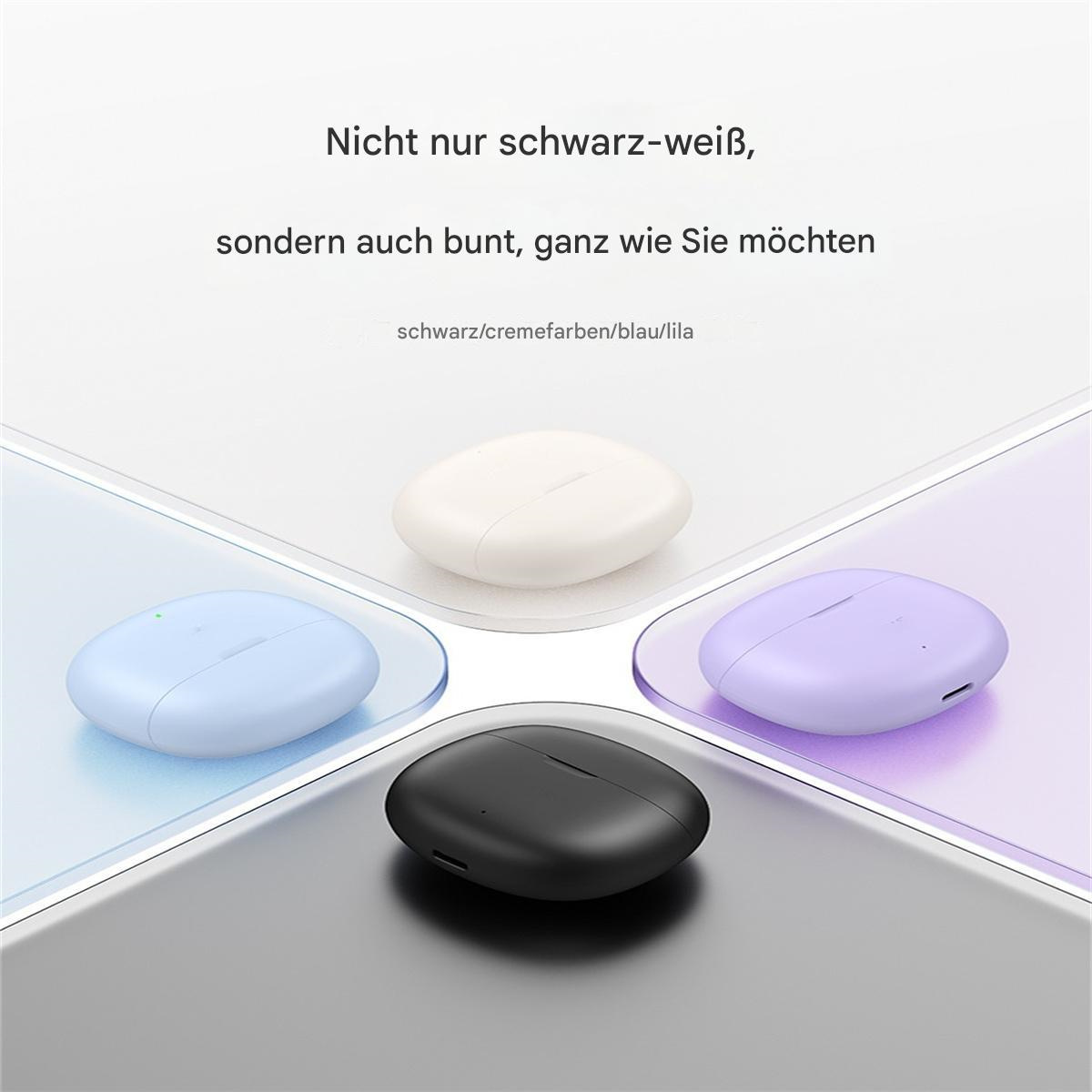 Vier kabellose Ohrhörer in verschiedenen Farben: blau, weiß, lila und schwarz, auf einer reflektierenden Oberfläche.