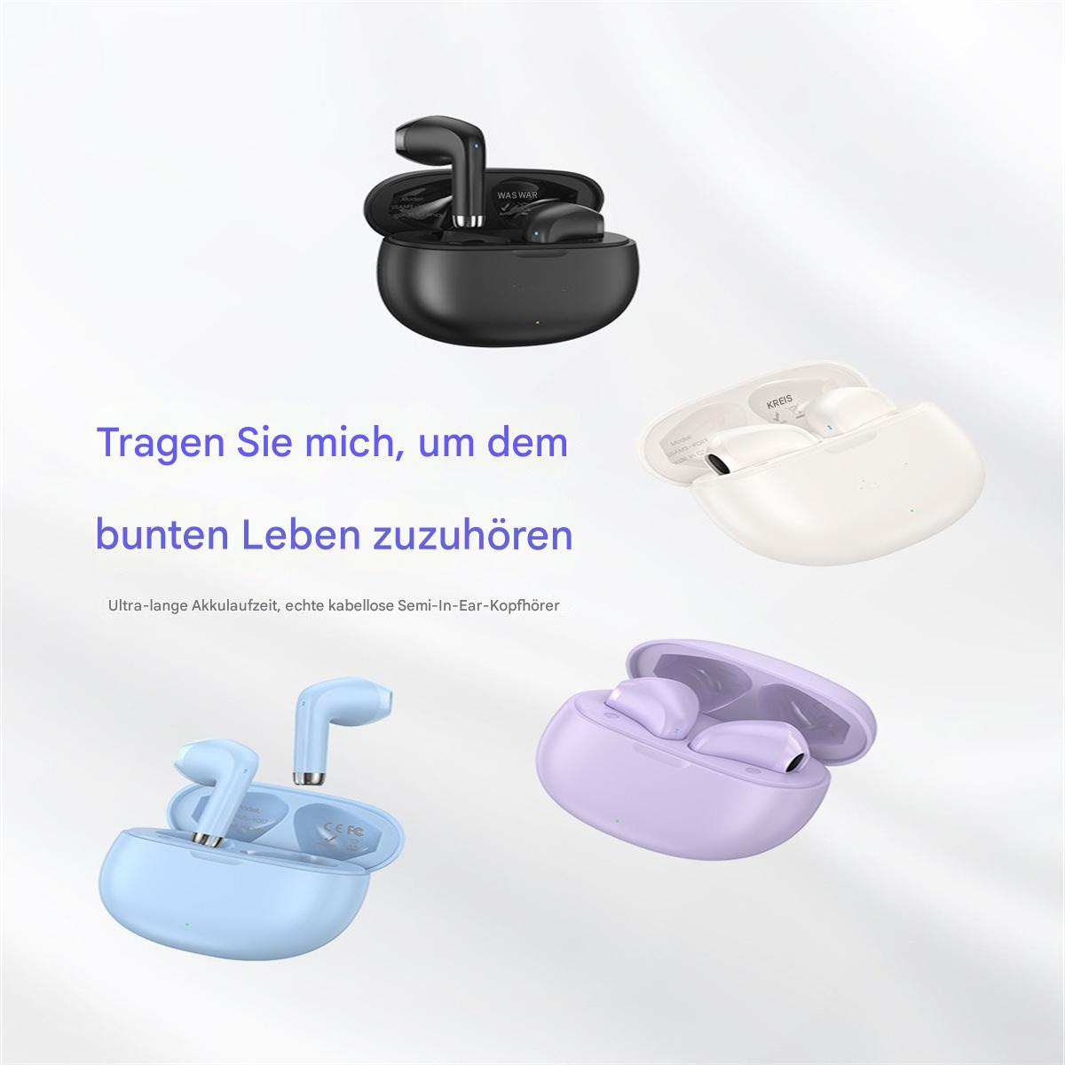 Vier kabellose Ohrhörer in Hüllen. Schwarze, weiße, hellblaue und lila Hüllen sind abgebildet.