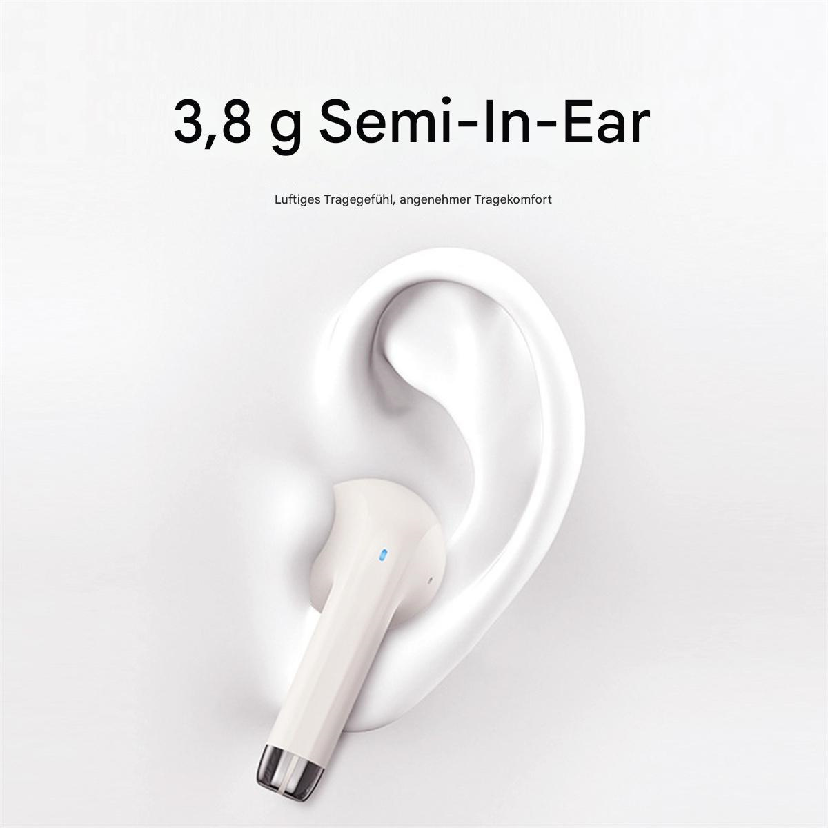 Weißer Ohrhörer neben einem weißen Ohrmodell, mit Text, der angibt, dass es sich um einen Semi-In-Ear-Typ handelt.