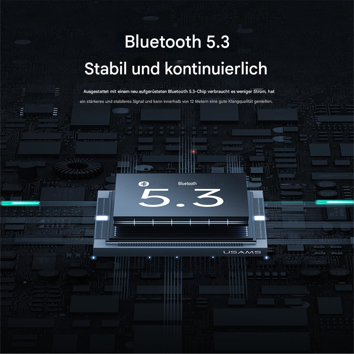 Bluetooth 5.3 Chip auf einer Platine, Text lautet 'Stabil und kontinuierlich' und 'Bluetooth 5.3'.