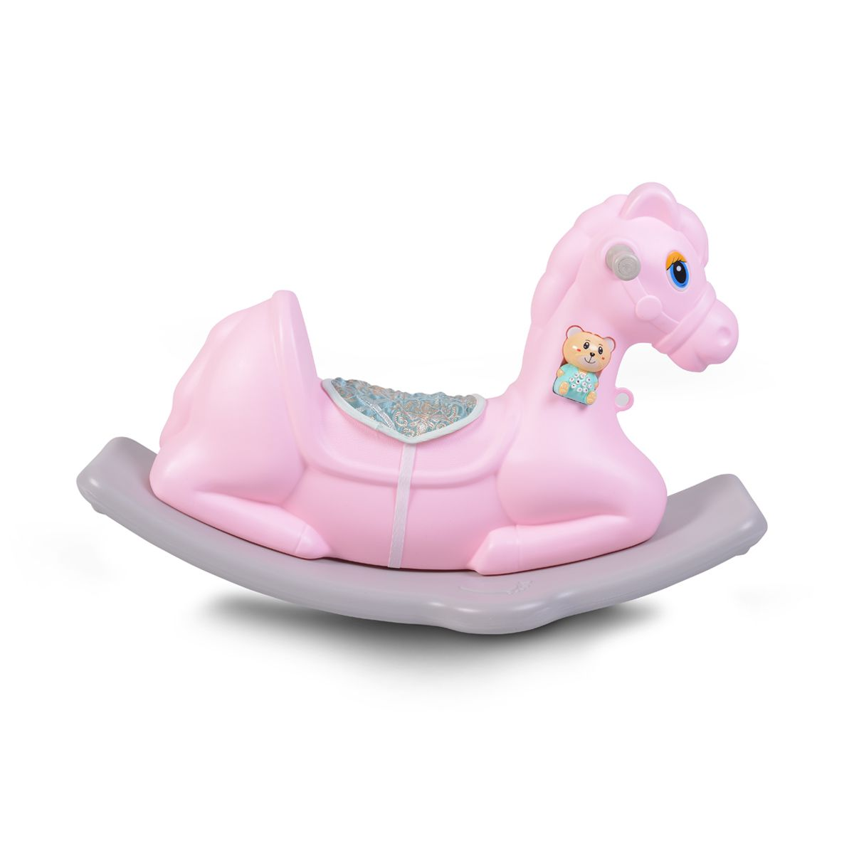 Pinkes Schaukelpferd-Spielzeug mit blauem Sattel und Teddybär. Graue Basis.
