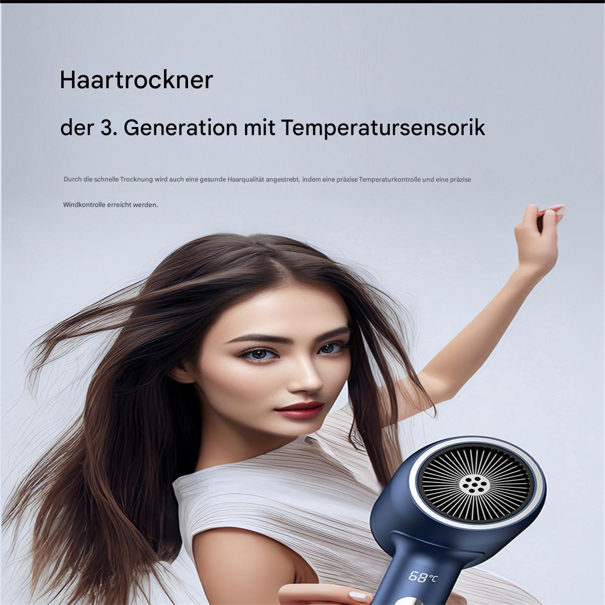 Eine Frau hält einen blauen Haartrockner vor sich, mit moderner Frisur. Text auf Deutsch oben.