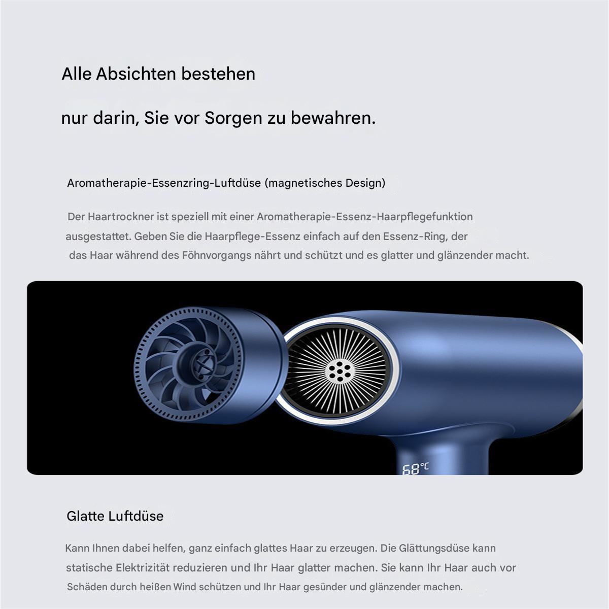 Blauer Föhn mit zwei Teilen, einem mit Ventilator. Text auf Deutsch über Haarpflege.