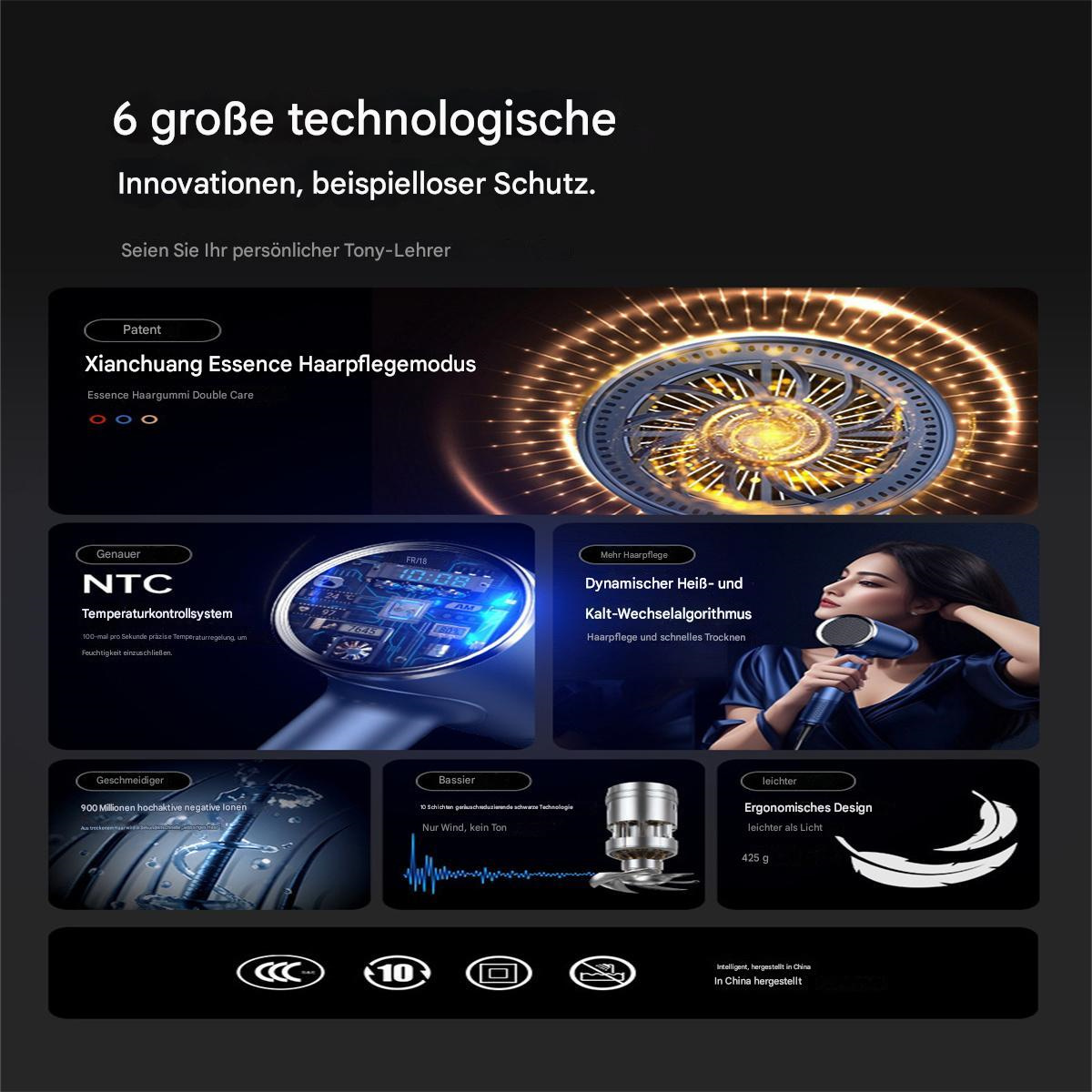 Infografik zu Haartrockner-Funktionen. Enthält Temperaturkontrolle, Kühlung und ergonomisches Design mit Frau.