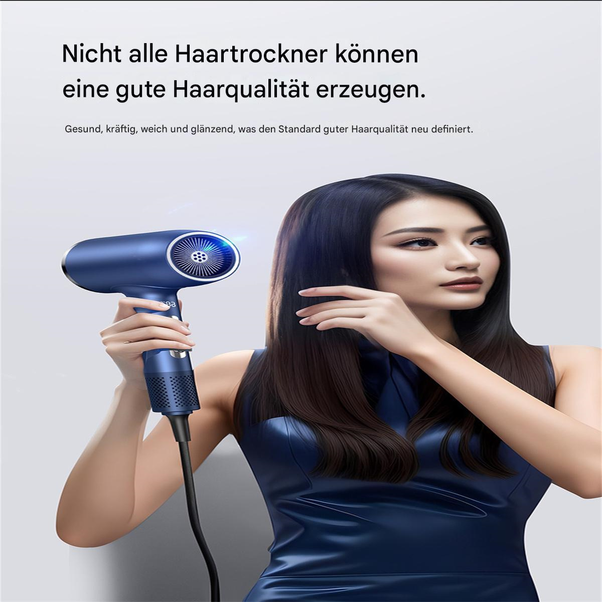 Frau hält einen blauen Haartrockner, mit Text, der Teile und Vorteile für die Haarqualität kennzeichnet.