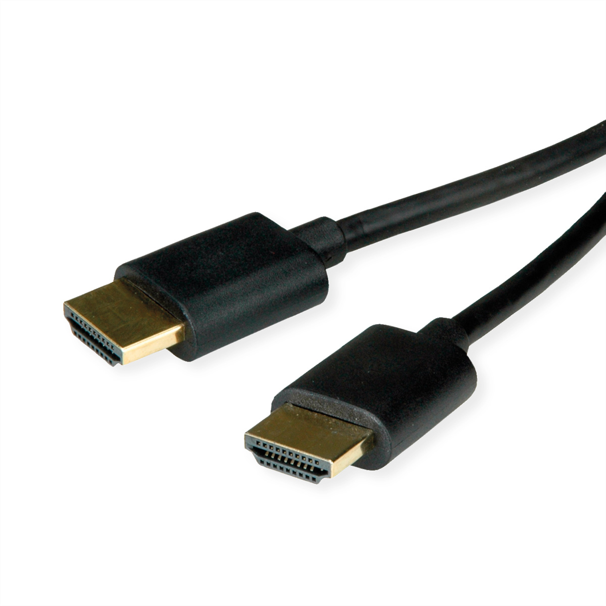 Zwei schwarze HDMI-Kabel mit goldenen Steckern auf weißem Hintergrund.
