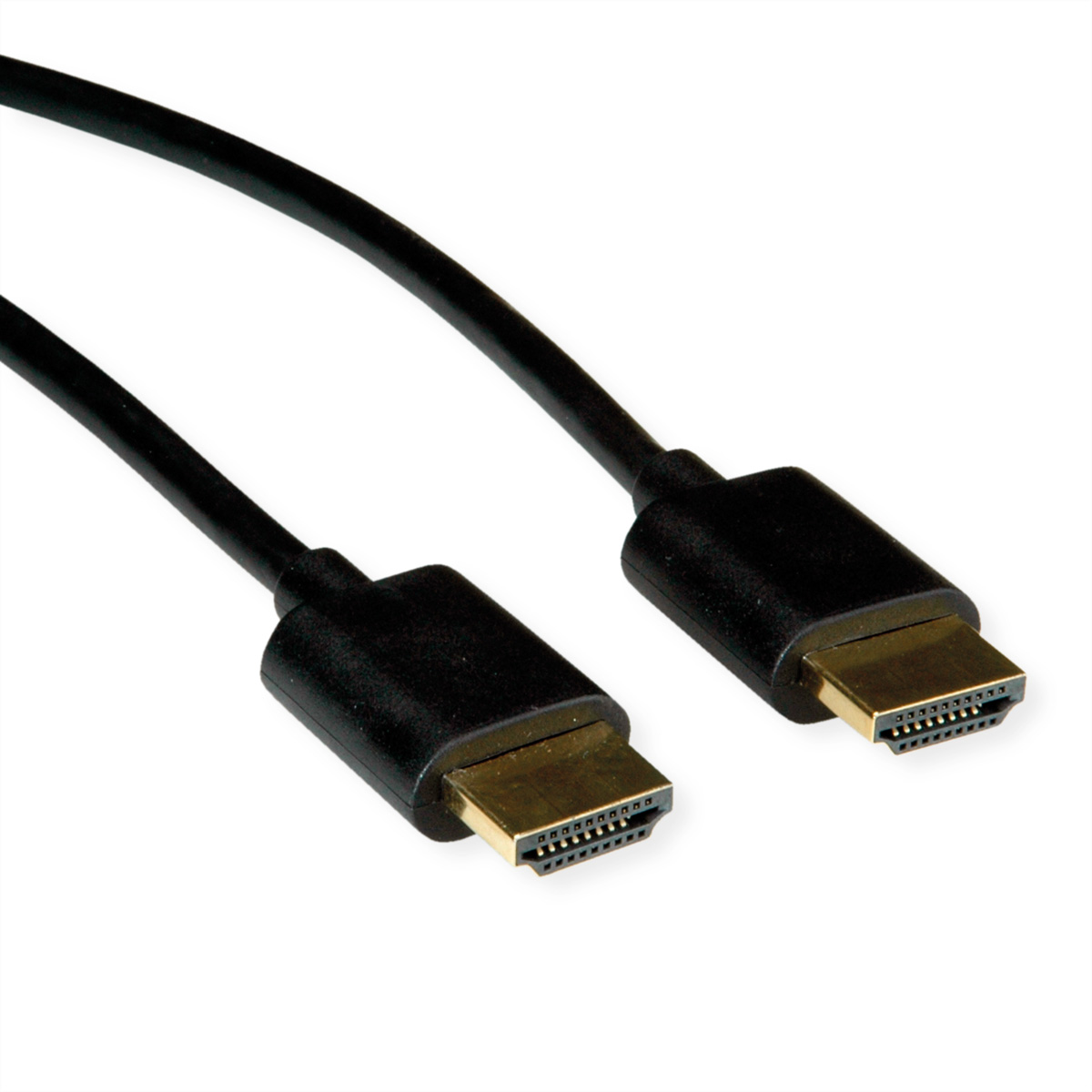 Schwarzes HDMI-Kabel mit Goldsteckern. Zwei Stecker sind dargestellt, zum Betrachter hin abgewinkelt.
