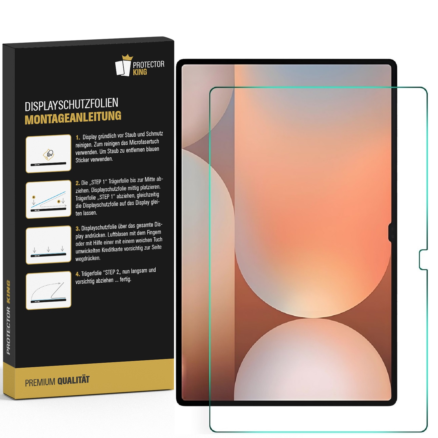Tablet mit Displayschutzfolie und Verpackung mit Anweisungen.