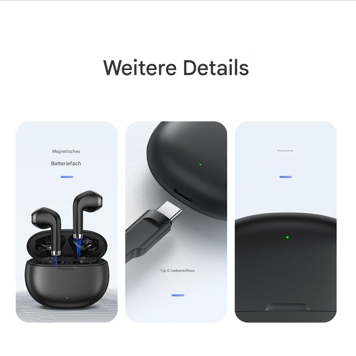 Kopfhörer, Ladeetui und USB-C-Ladeanschluss werden gezeigt. Text auf Deutsch: 'Weitere Details'.