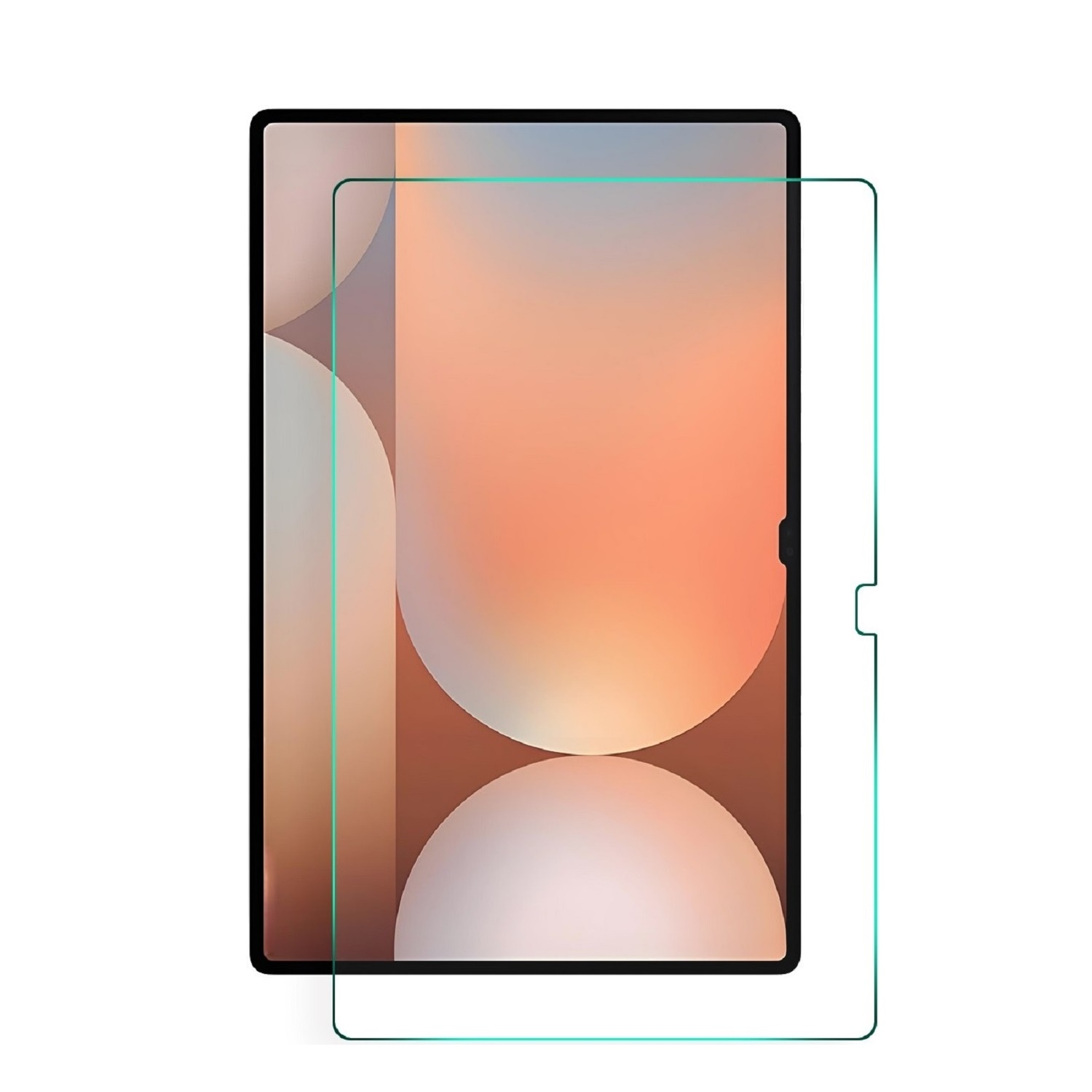 Tablet mit Displayschutzfolie. Der Schutz ist transparent, mit grünem Rand.