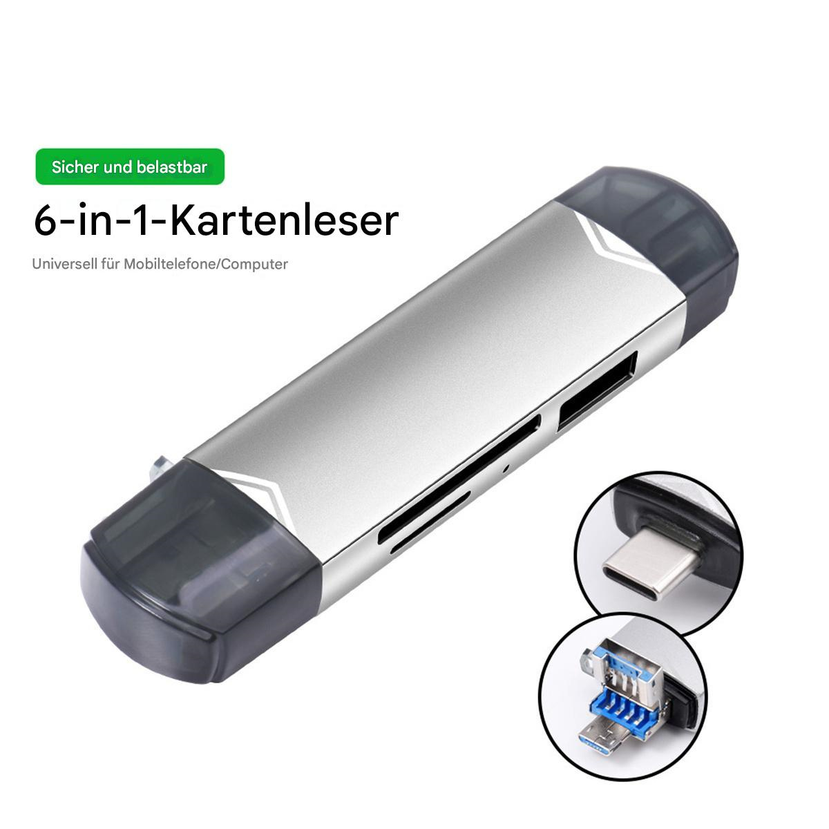 Silber-schwarzer 6-in-1-Kartenleser. Mit USB- und USB-C-Anschlüssen, sowie verschiedenen Kartensteckplätzen.