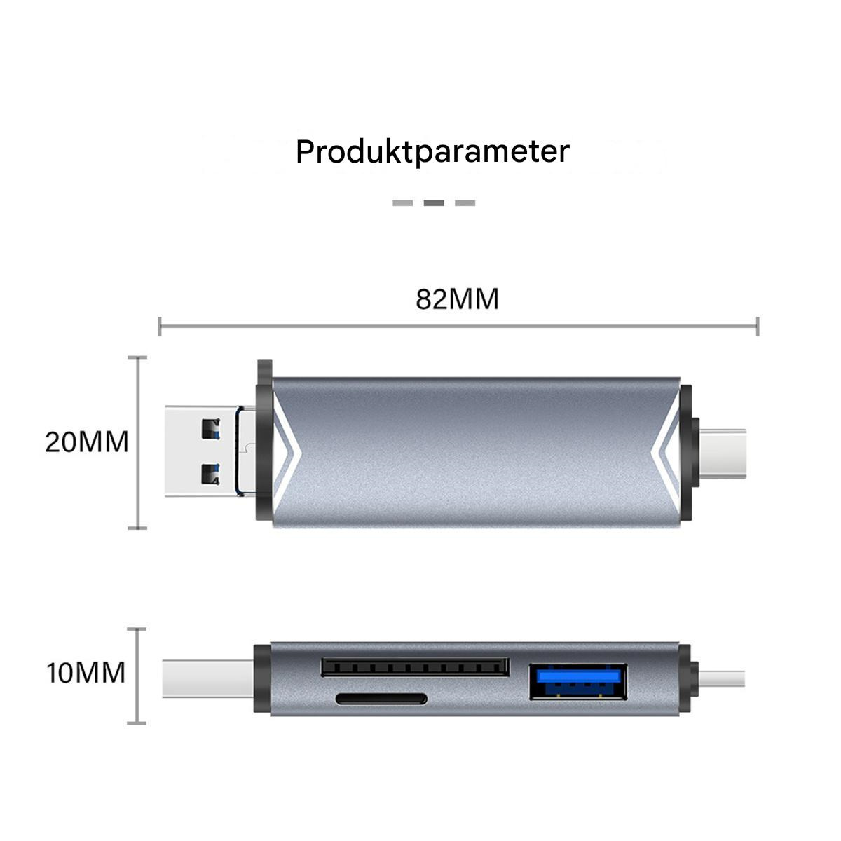USB-Hub, silber, mit den Abmessungen: 82 mm x 20 mm x 10 mm, mit USB- und USB-C-Anschlüssen.