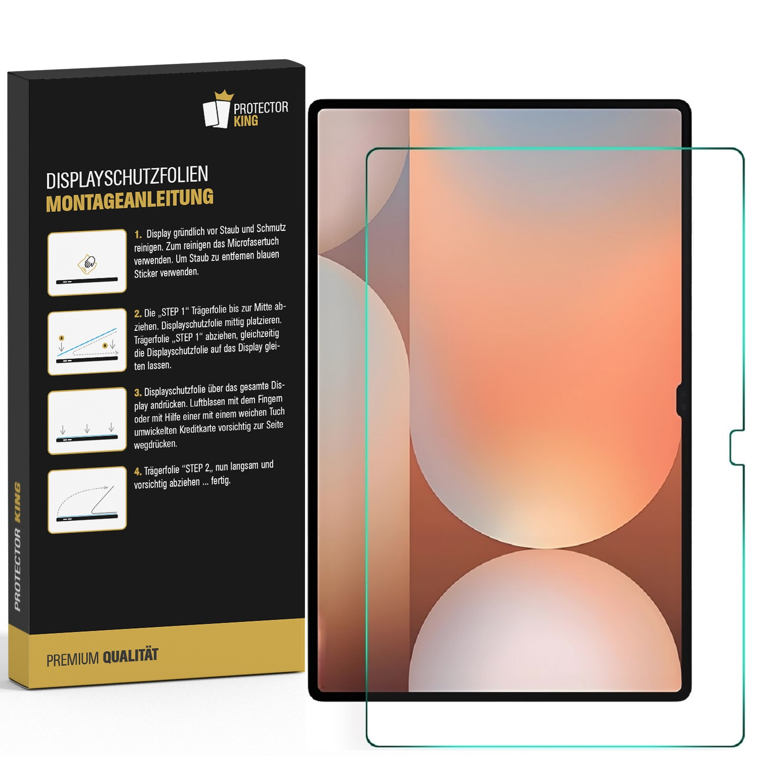 Tablet-Bildschirmschutz mit Anweisungen. Tablet-Bildschirm und Schutzfolie sind sichtbar. Weißer Hintergrund.