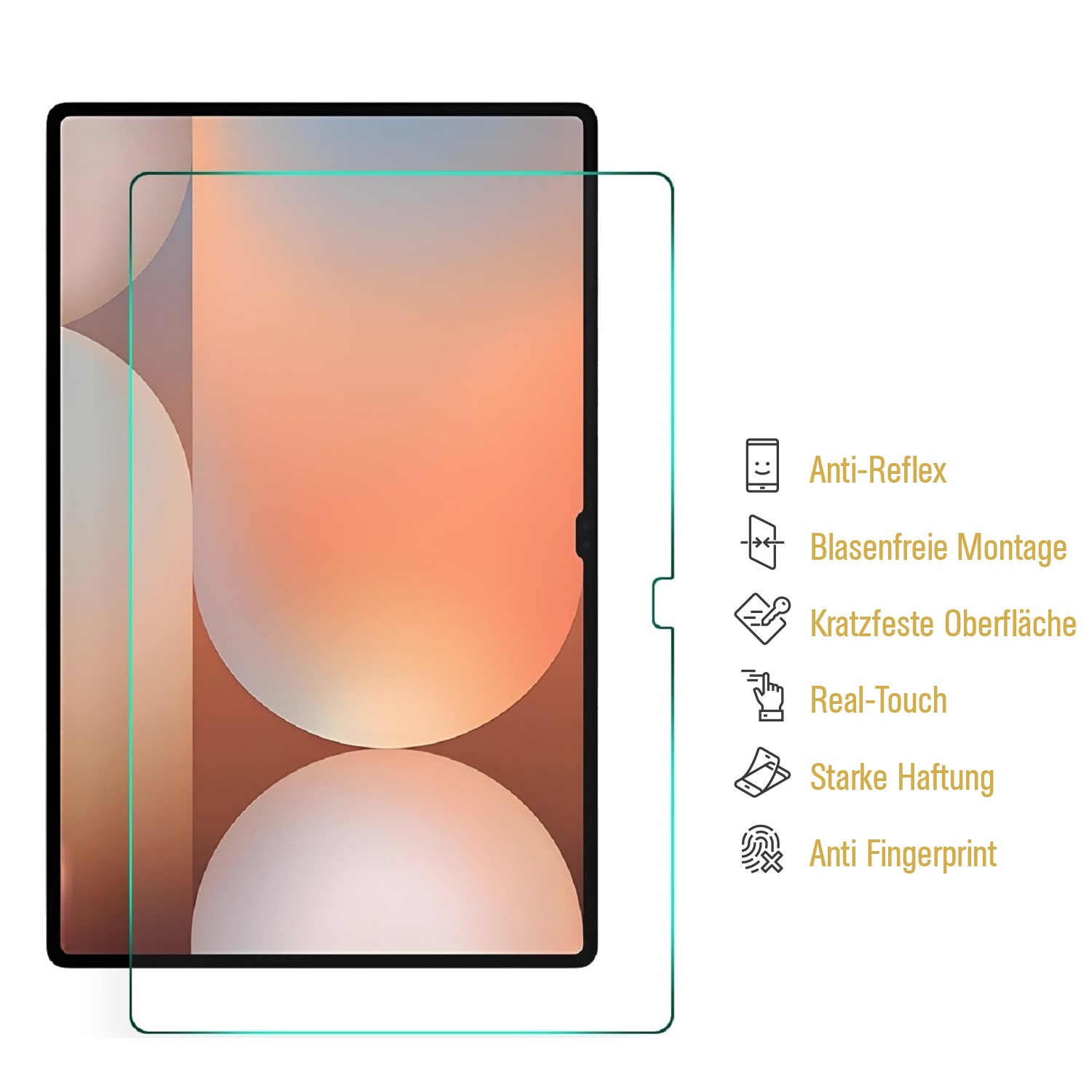 Displayschutzfolie für ein Tablet. Es hat einen grünen Rand und Symbole mit Text.