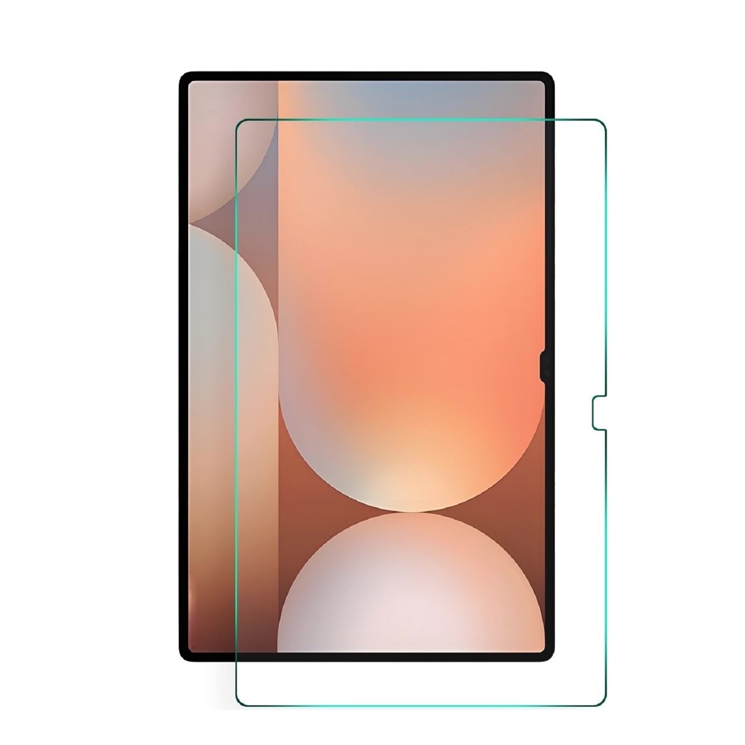 Tablet und Displayschutzfolie. Die Displayschutzfolie ist transparent mit blauem Rahmen.