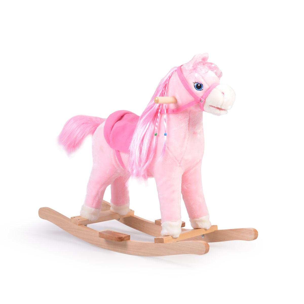 Ein rosa Schaukelpferd auf einem Holzsockel. Es hat eine rosa Mähne und einen Sattel.
