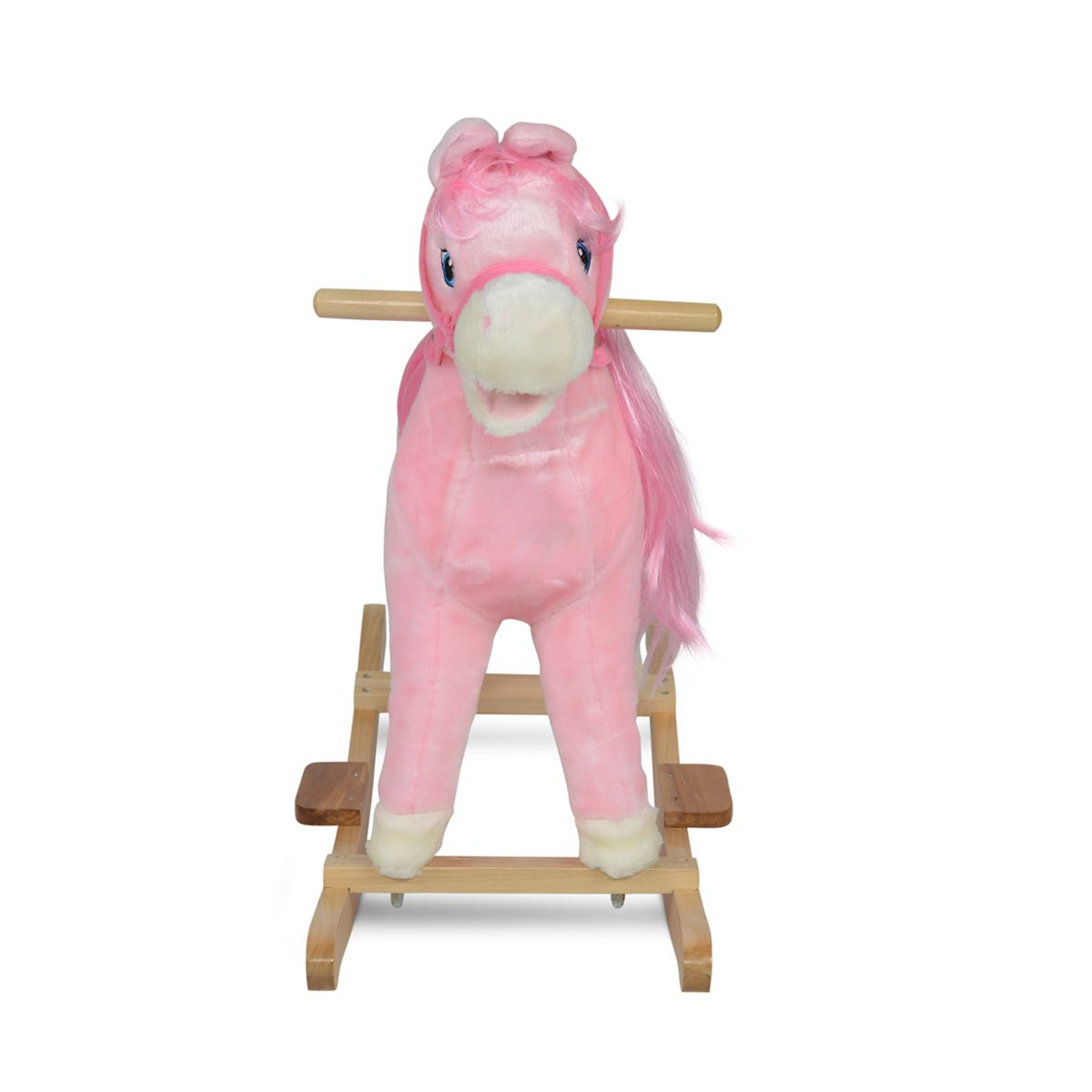 Ein rosa Schaukelpferd-Spielzeug auf Holzbasis. Es hat eine rosa Mähne und einen hellrosa Körper.