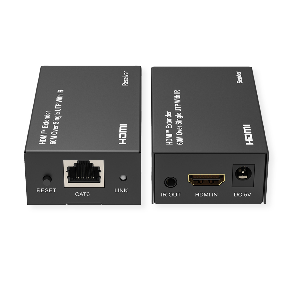 Zwei schwarze HDMI-Extender-Boxen, eine mit der Bezeichnung Empfänger, die andere Sender.