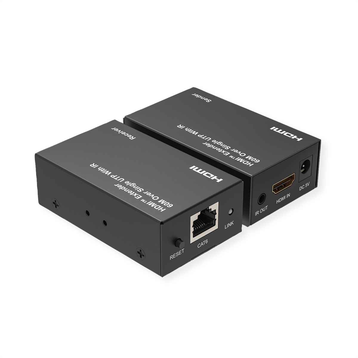 Zwei schwarze HDMI-Extender. Ein Empfänger und ein Sender. Etiketten und Anschlüsse sind sichtbar. Weißer Hintergrund.