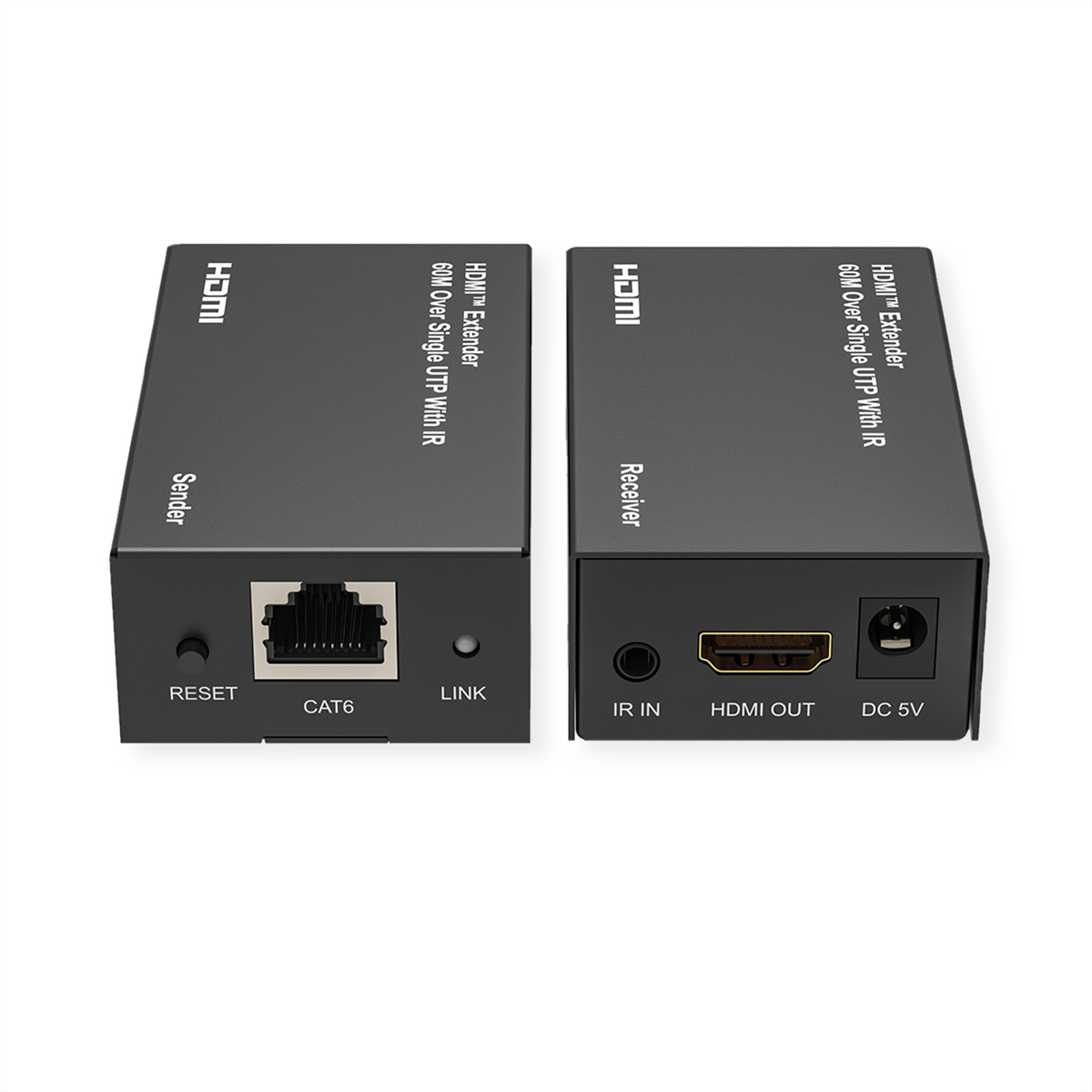 Zwei schwarze HDMI-Extender. Der linke ist der Sender, der rechte der Empfänger.
