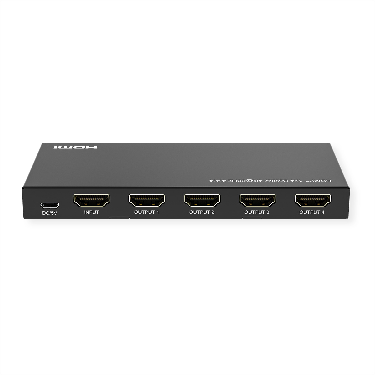 Répartiteur HDMI noir avec entrée et quatre ports de sortie étiquetés, fond blanc.