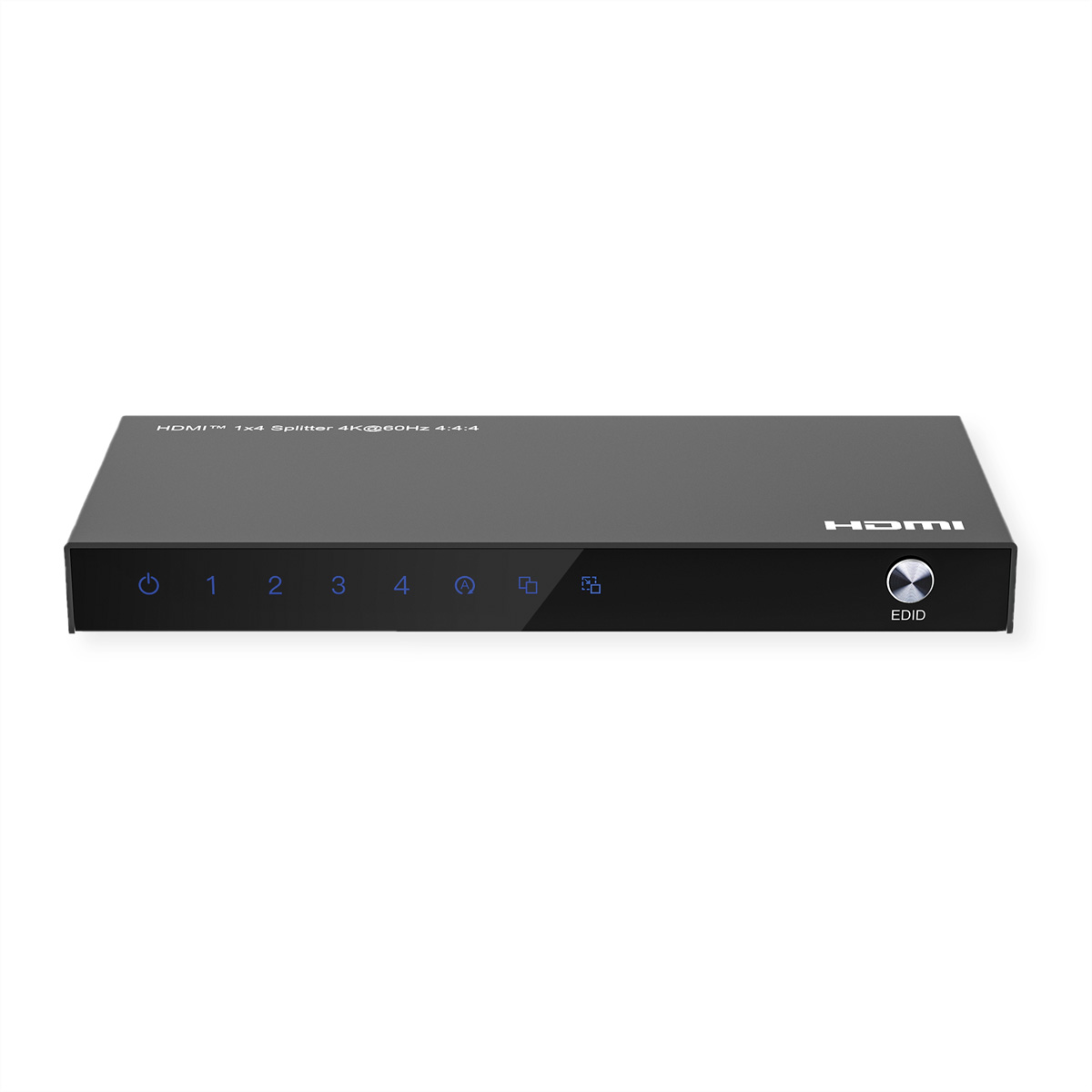 Répartiteur HDMI noir sur fond blanc. Boutons marche/arrêt, entrée et EDID. Logo HDMI visible.