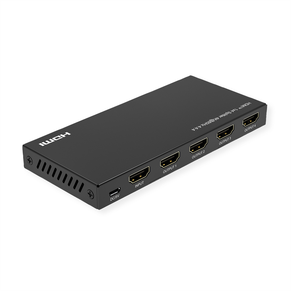 Un répartiteur HDMI noir avec plusieurs ports de sortie et un port d'entrée. Possède des étiquettes.
