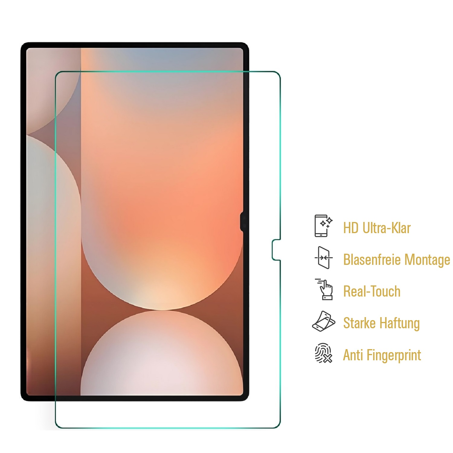 Displayschutzfolie für Tablet. Glas auf Tablet-Bildschirm. Text rechts.