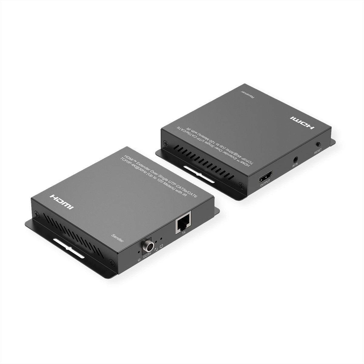 Due scatole nere trasmettitore e ricevitore HDMI. Hanno porte ed etichette.