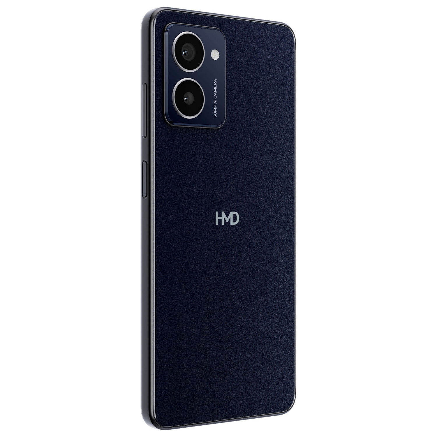 Ein dunkelblaues Smartphone mit zwei Kameras. Das HMD-Logo ist sichtbar.