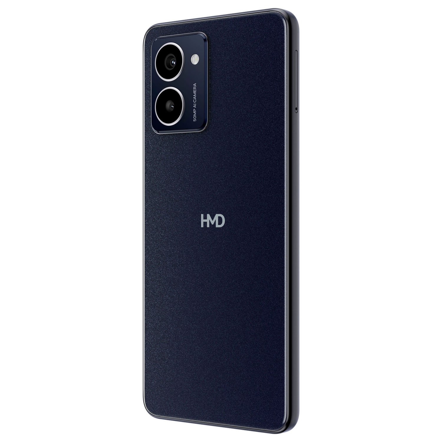 Dunkelblaues Smartphone, Rückansicht, Dual-Kamera und HMD-Logo, auf weißem Hintergrund.