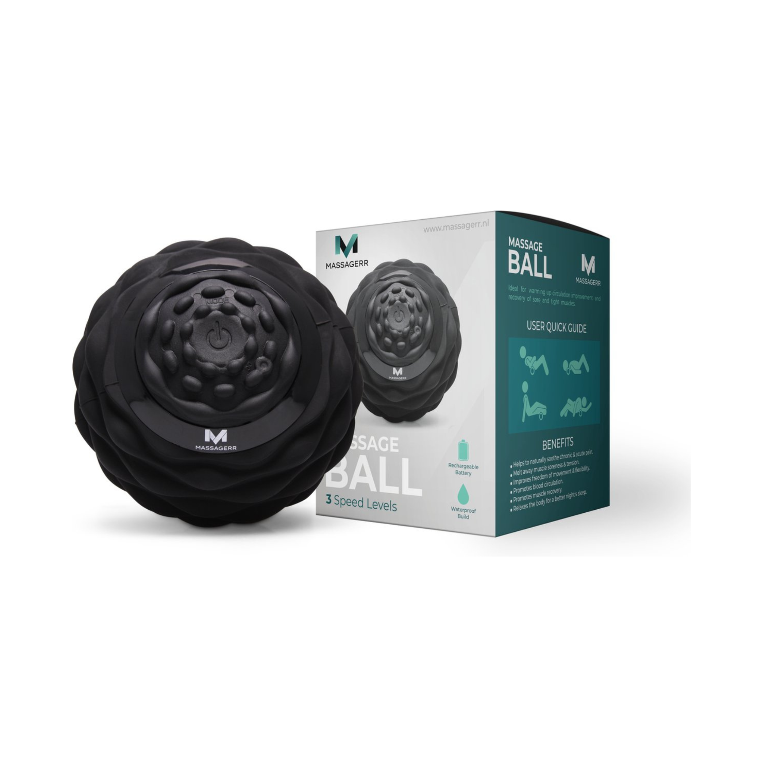 Balle de massage noire avec une boîte. La boîte contient le texte 'MASSAGERR', 'MASSAGE BALL' et un guide de l'utilisateur.