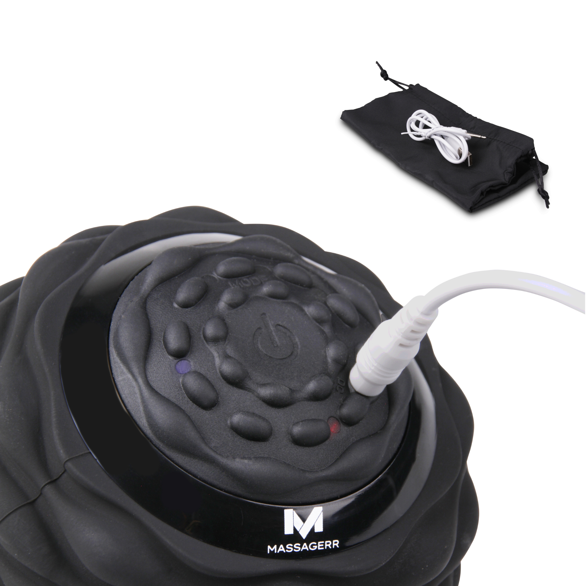 Black massage device with control buttons and a charging port. A small black bag with a white cable.