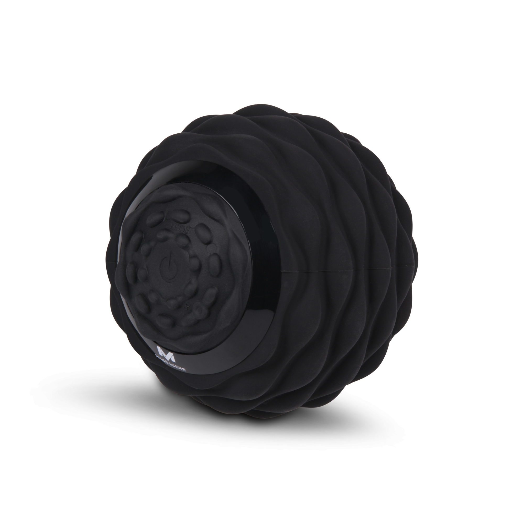 Balle de massage noire avec une surface texturée et un panneau de contrôle sur le dessus.