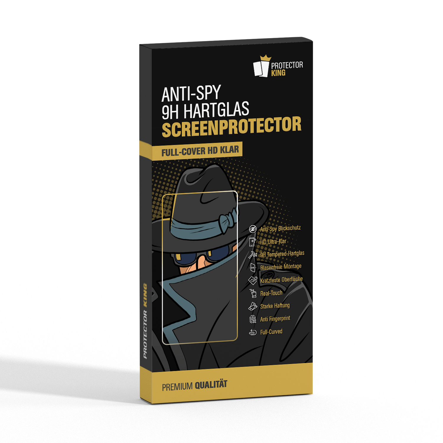 Eine Produktbox mit einem Cartoon-Detektiv auf der Vorderseite mit den Worten 'ANTI-SPY SCREEN PROTECTOR'.