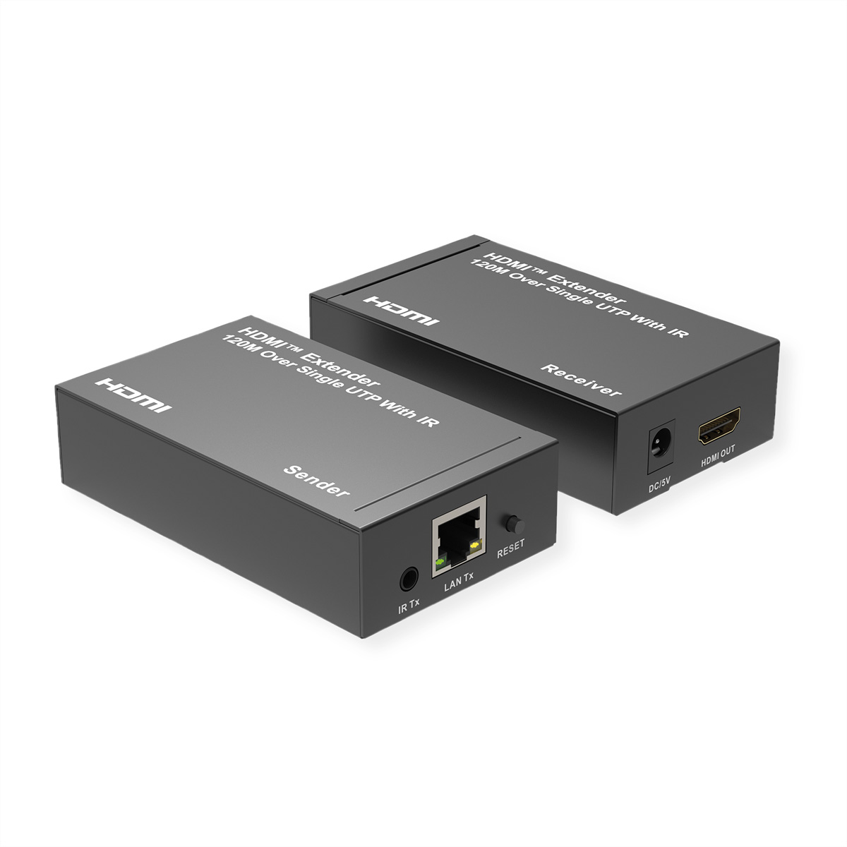 HDMI-Extender-Geräte. Zwei schwarze Boxen, beschriftet mit Sender und Empfänger. Weißer Hintergrund.
