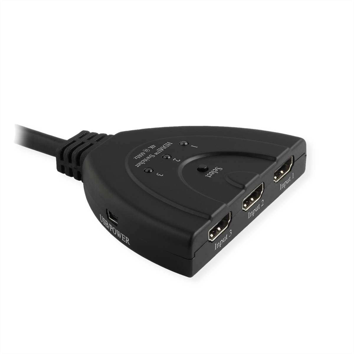 Ein schwarzer HDMI-Umschalter mit drei Eingängen, einem USB-Anschluss und einer Auswahltaste.