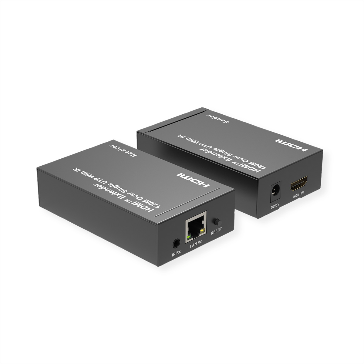 Zwei schwarze HDMI-Extender. Einer hat einen LAN-Anschluss und eine Reset-Taste.