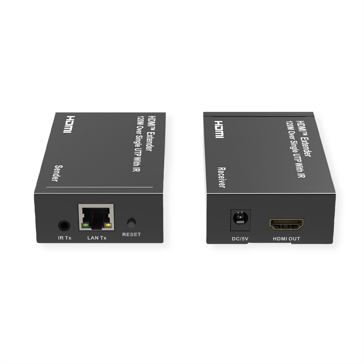 Zwei schwarze HDMI-Extender-Boxen, beschriftet mit 'Sender' und 'Empfänger'. Anschlüsse und Labels.